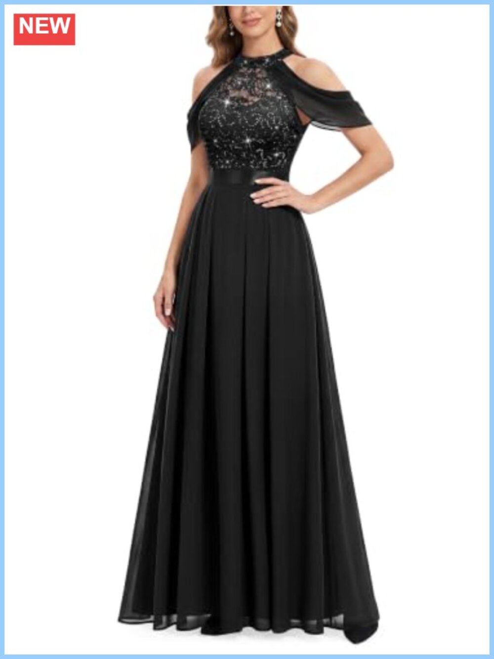 Lace Sequin Contrast Chiffon Halter Maxi Bridesmaid Dress